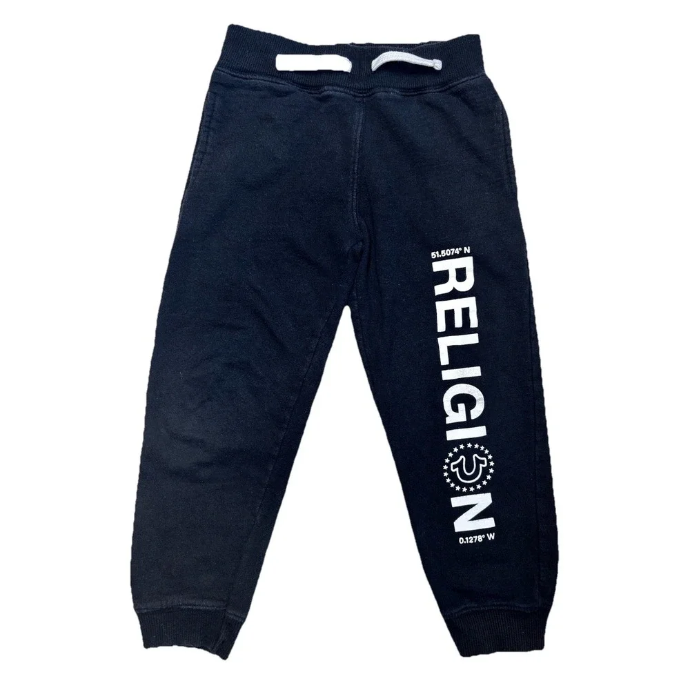 True Religion Kids Jogger Sweatpants Size 5 Black Fleece Logo Drawstring Pants